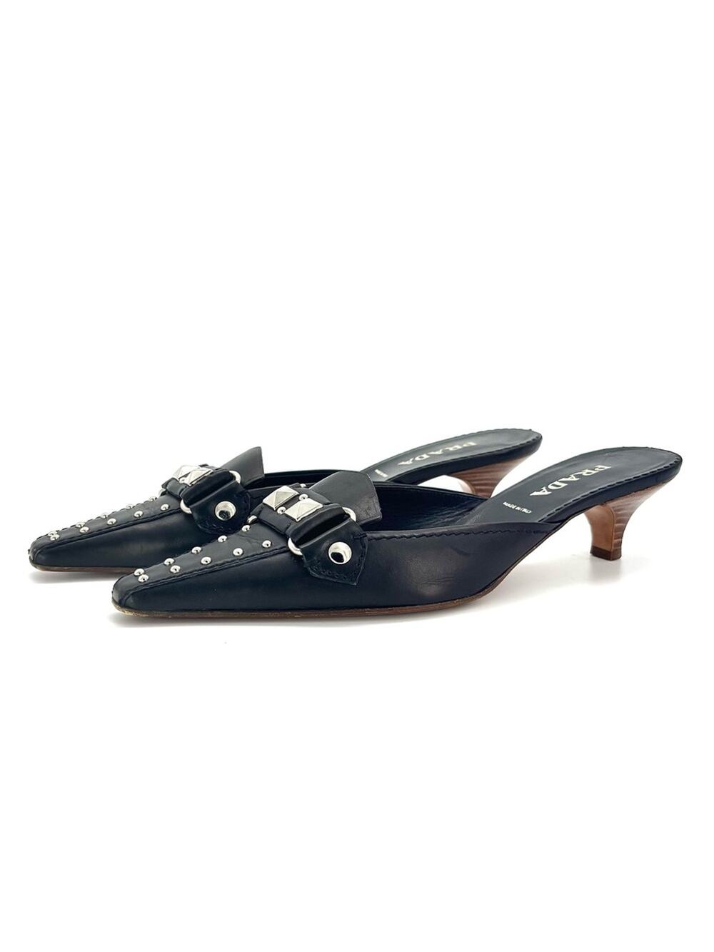 Prada Black Leather Studded Pointed Toe Kitten Heel Mules Pumps 37